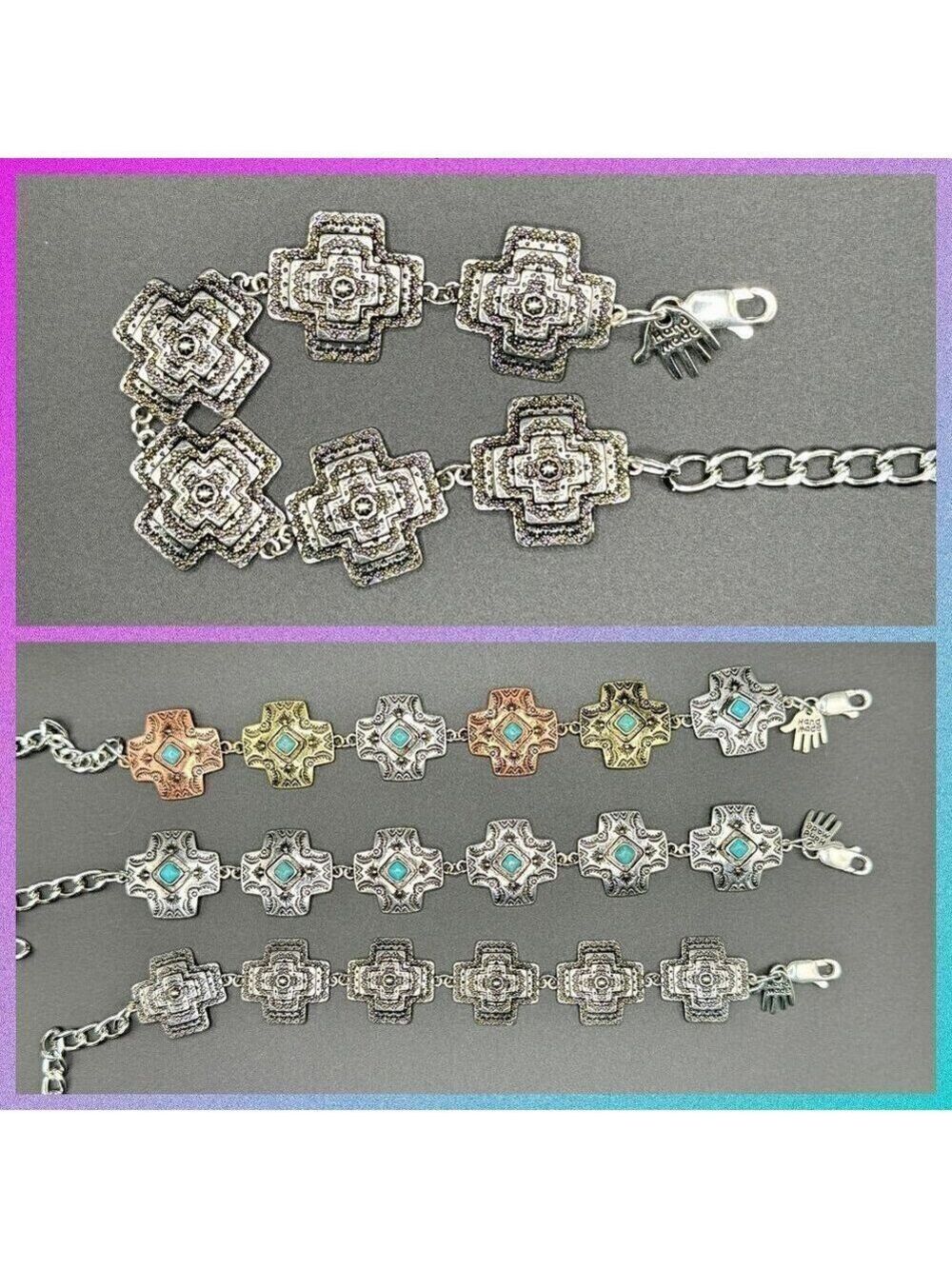 Silver Tone Cross Concho Chain Bracelet #1441